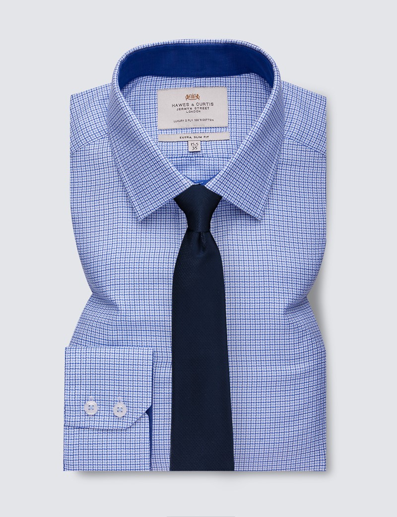 Easy Iron Blue & Navy Small Check Extra Slim Fit Shirt With Semi Cutaway Collar - Single Cuffs 