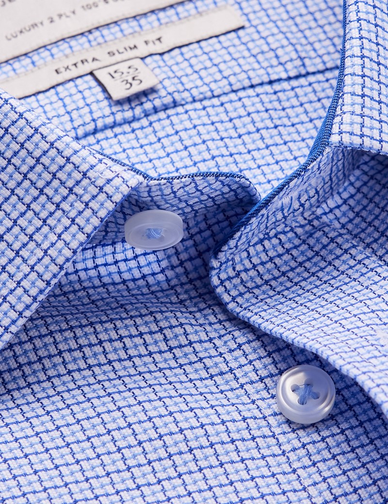Easy Iron Blue & Navy Small Check Extra Slim Fit Shirt With Semi Cutaway Collar - Single Cuffs