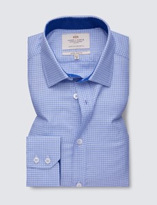 Easy Iron Blue & Navy Small Check Extra Slim Fit Shirt With Semi Cutaway Collar - Single Cuffs 