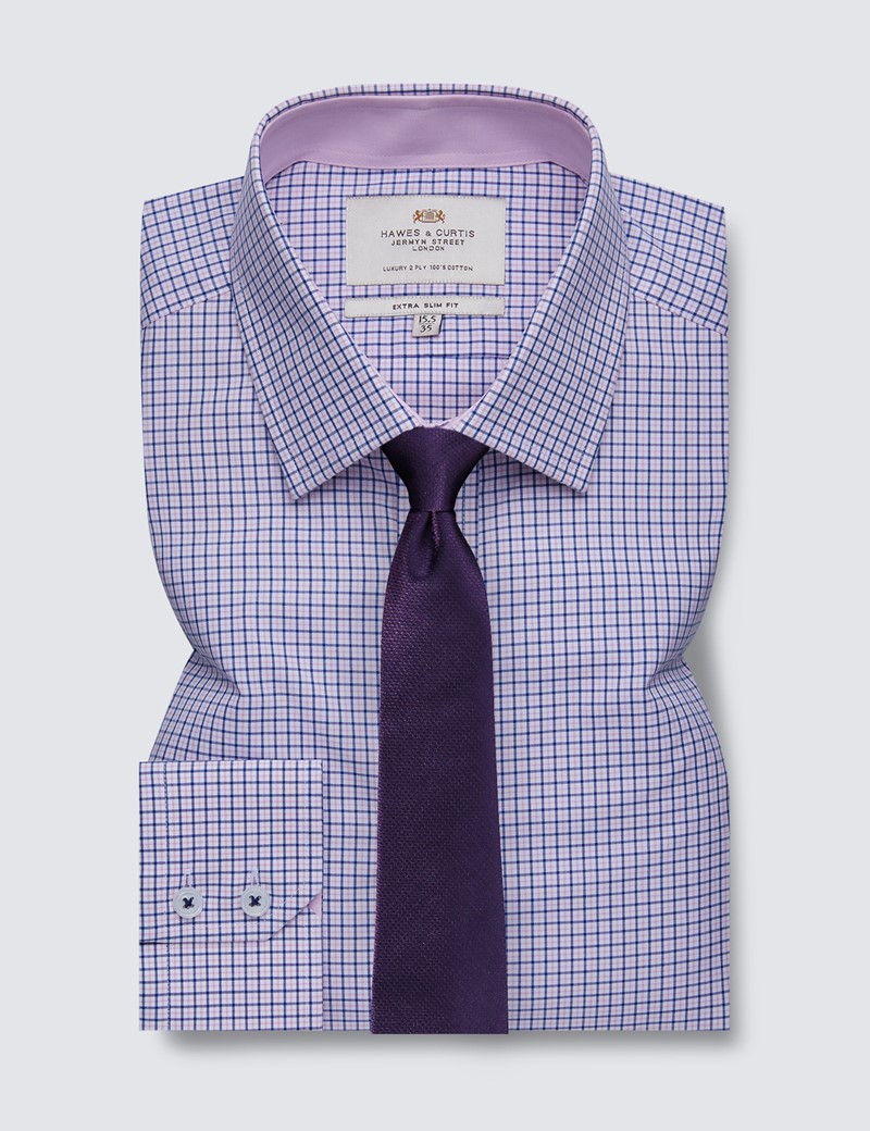 Men's Formal Blue & Pink Multi Check Extra Slim Fit Shirt with Contrast Detail - Single Cuff - Easy Iron