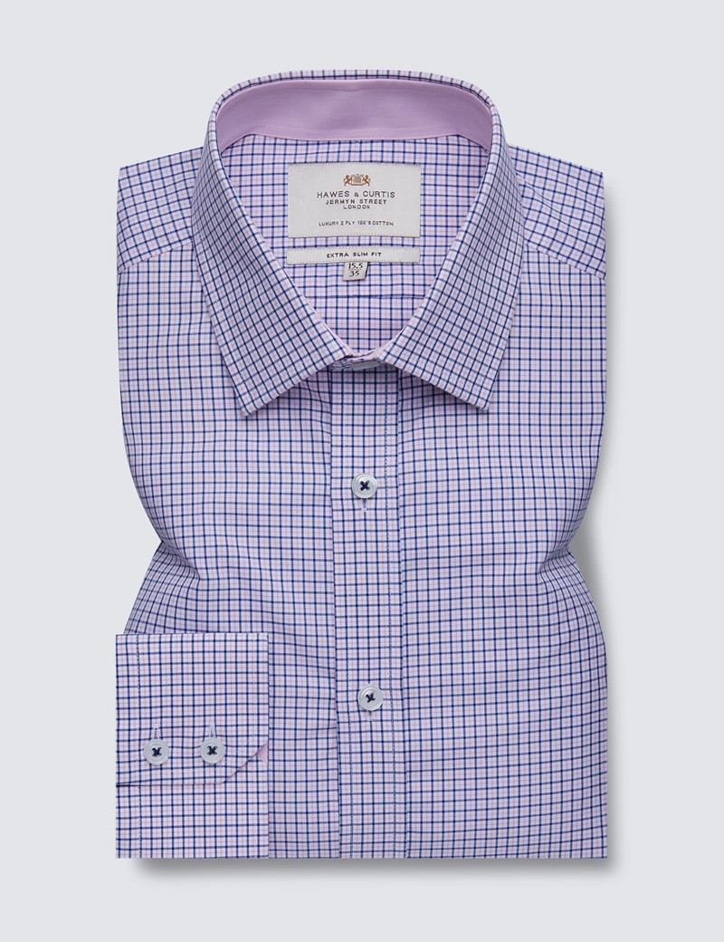 Men's Dress Blue & Pink Multi Plaid Extra Slim Fit Shirt with Contrast Detail - Single Cuff - Easy Iron