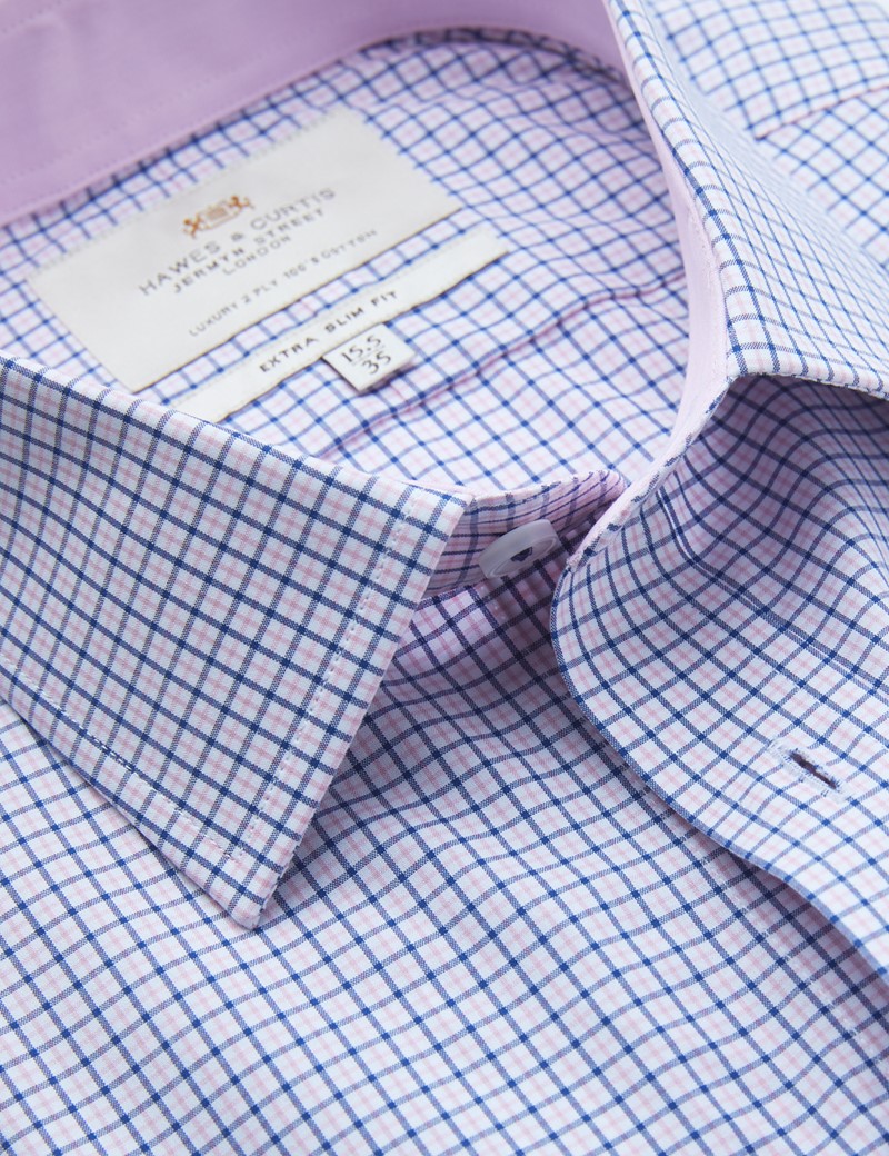 Men's Business Pink & Navy Multi Check Extra Slim Fit Shirt - Single Cuff - Easy Iron