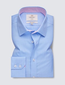Non Iron Blue & White Dogstooth Extra Slim Fit Shirt With Contrast Detail - Single Cuffs