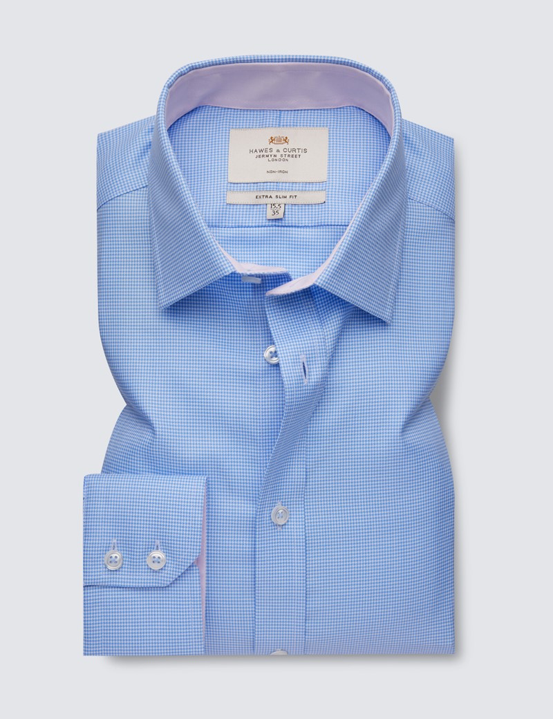 Bügelfreies Businesshemd - Extra Slim Fit - Kentkragen - blau Hahnentritt mit Kontrast