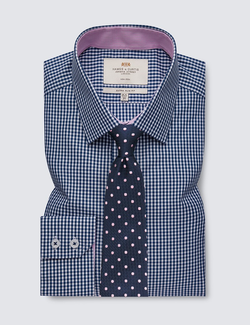 Non Iron Navy & White Gingham Check Extra Slim Fit Shirt With Contrast Detail - Single Cuffs
