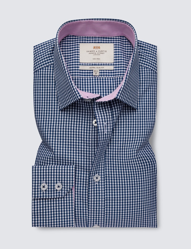 Non Iron Navy & White Gingham Check Extra Slim Fit Shirt With Contrast Detail - Single Cuffs