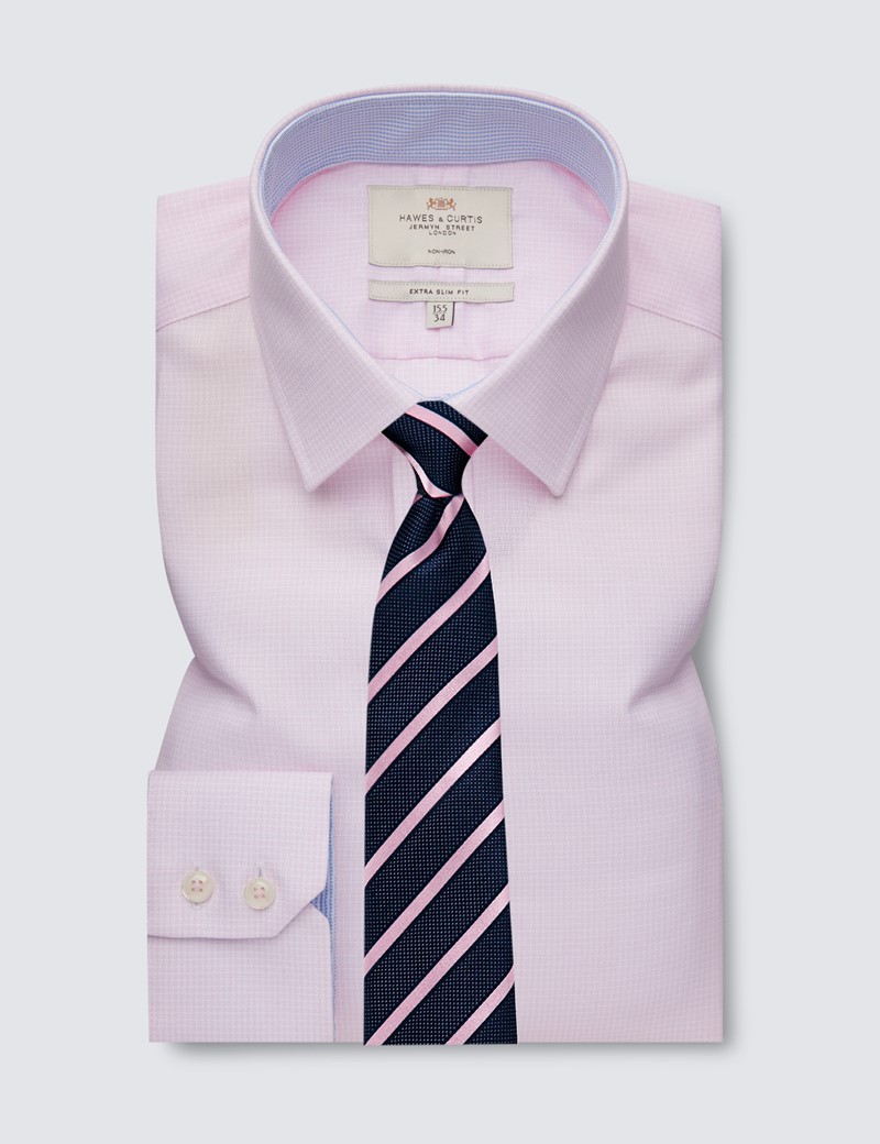 Non Iron Pink Fabric Interest Extra Slim Fit Shirt With Contrast Detail - Single Cuffs