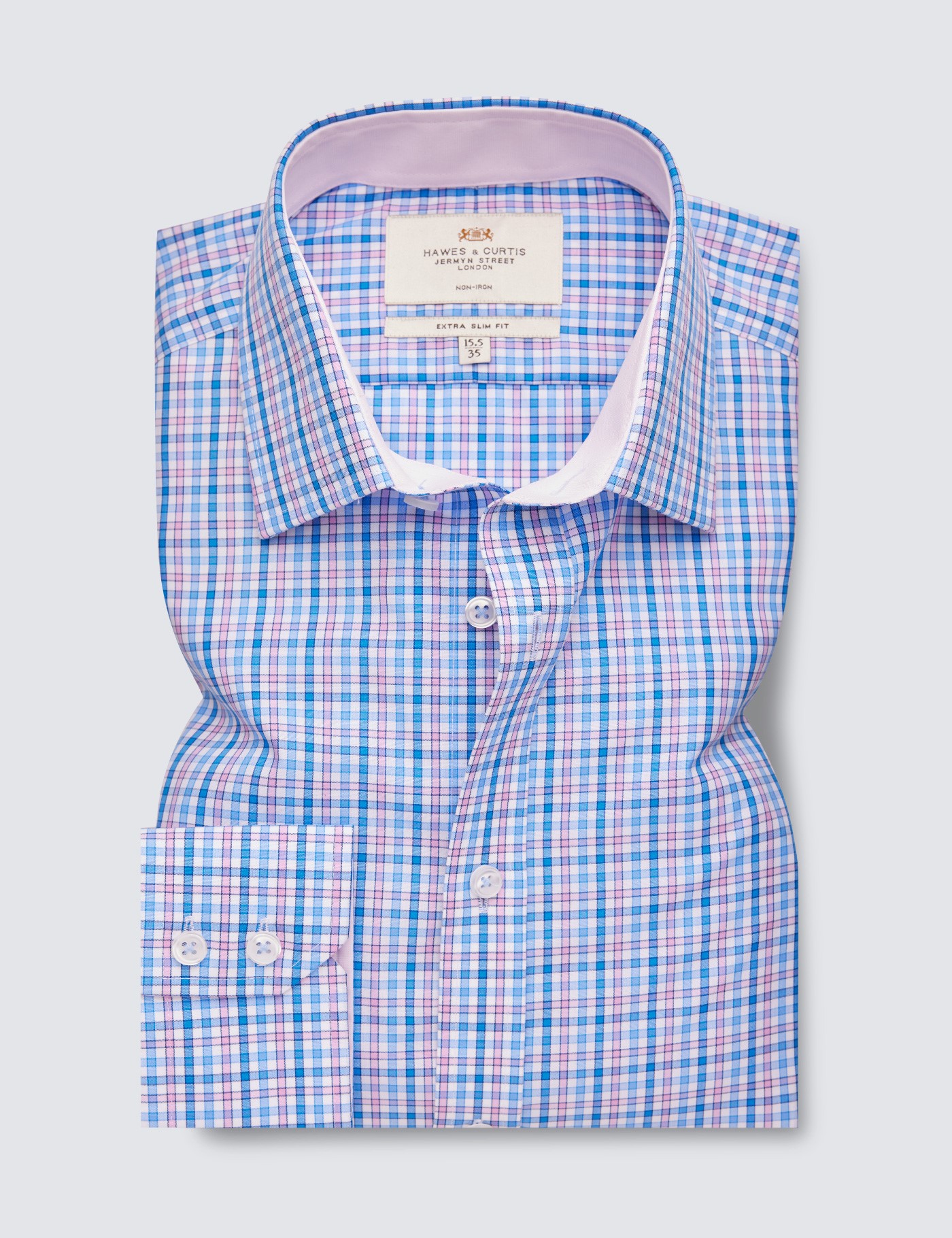 gebaar toezicht houden op Maakte zich klaar Non Iron Blue & Pink Check Extra Slim Fit Shirt With Contrast Detail -  Single Cuffs | Hawes & Curtis
