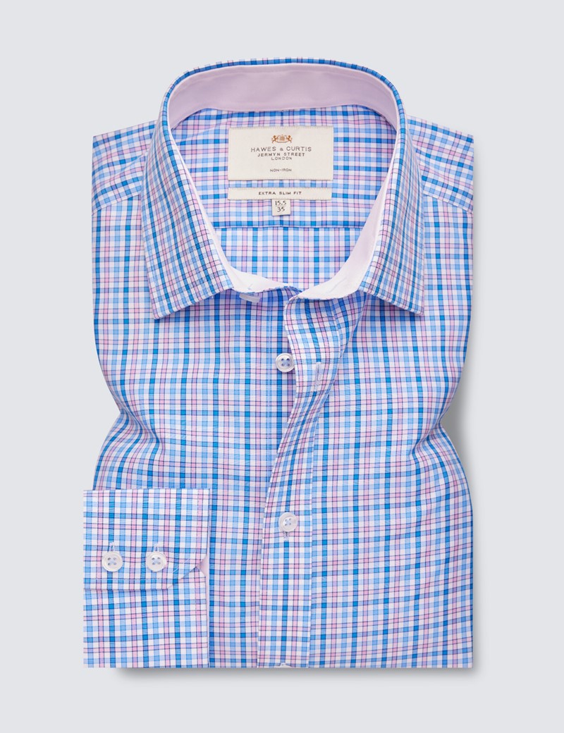 Bügelfreies Businesshemd – Extra Slim Fit – Kentkragen – rosa blau kariert mit Kontrast