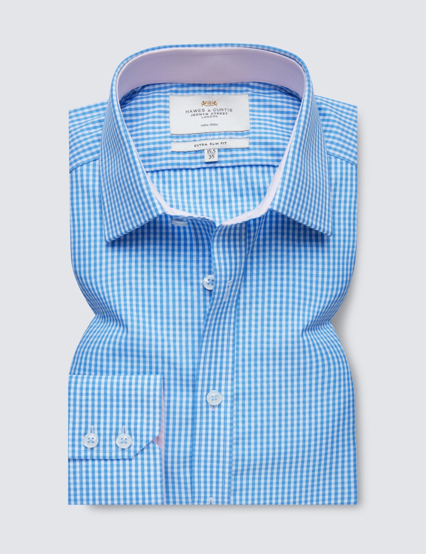 protest Zwijgend Alert Non Iron Blue & White Gingham Check Extra Slim Fit Shirt With Contrast  Detail - Single Cuffs | Hawes & Curtis