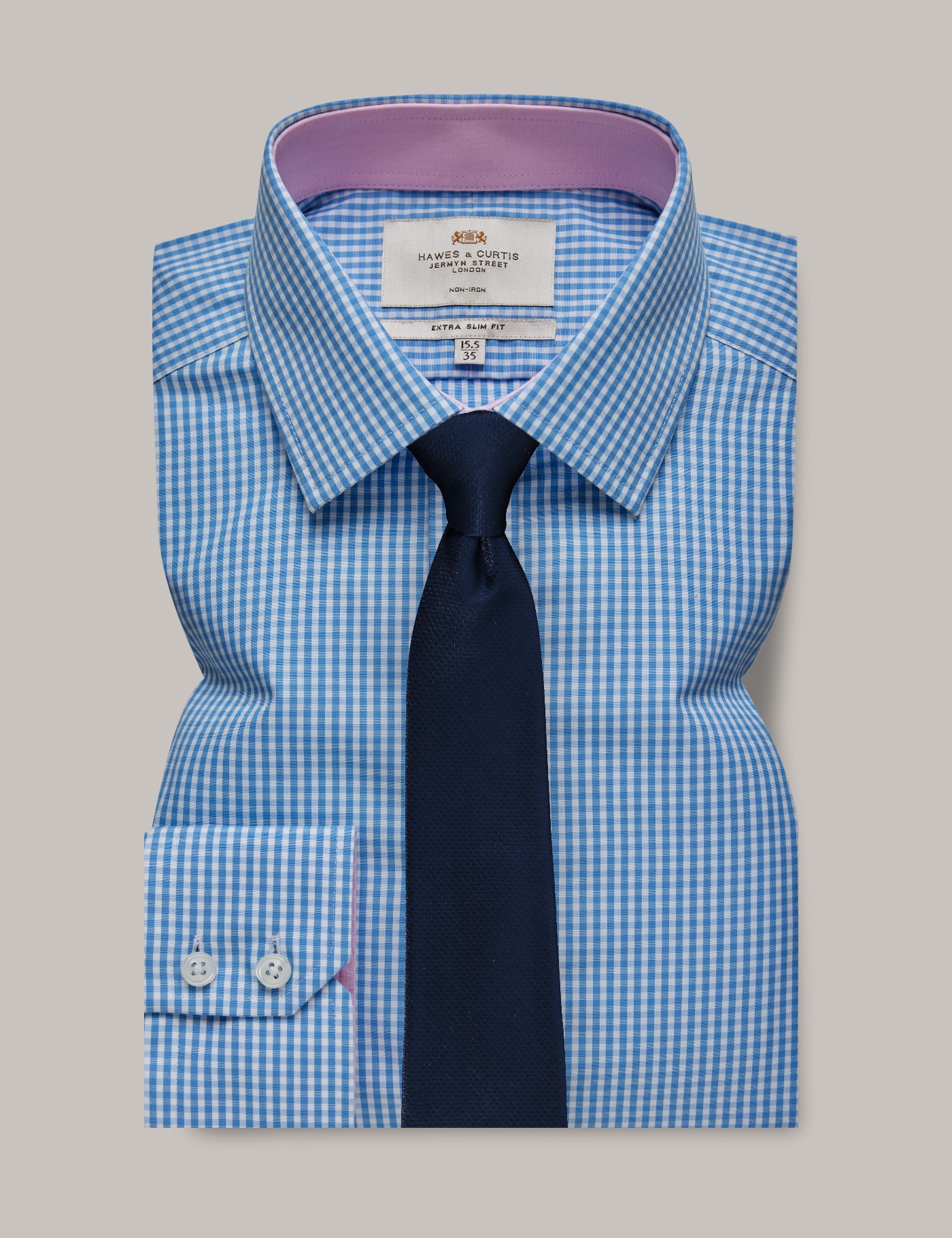 Hawes & Curtis Extra Slim Fit Blue & White Gingham Check Non-Iron Shirt | Contrast Detail Size: 15" collar, 35" sleeve image 3