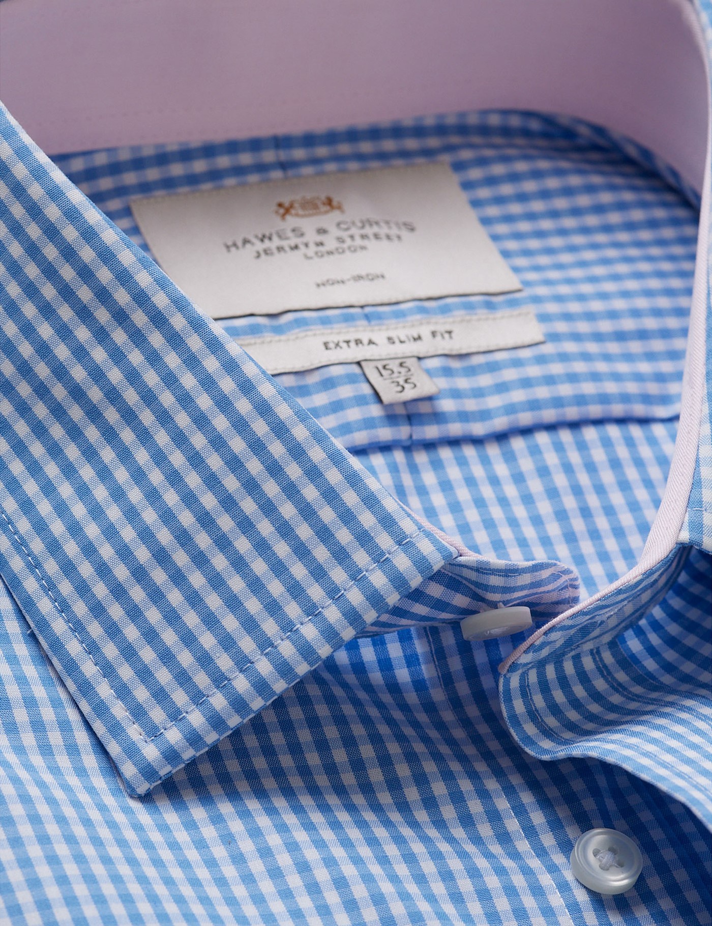Hawes & Curtis Extra Slim Fit Blue & White Check Non-Iron Shirt | Contrast Detail Size: 14.5" collar, 33" sleeve