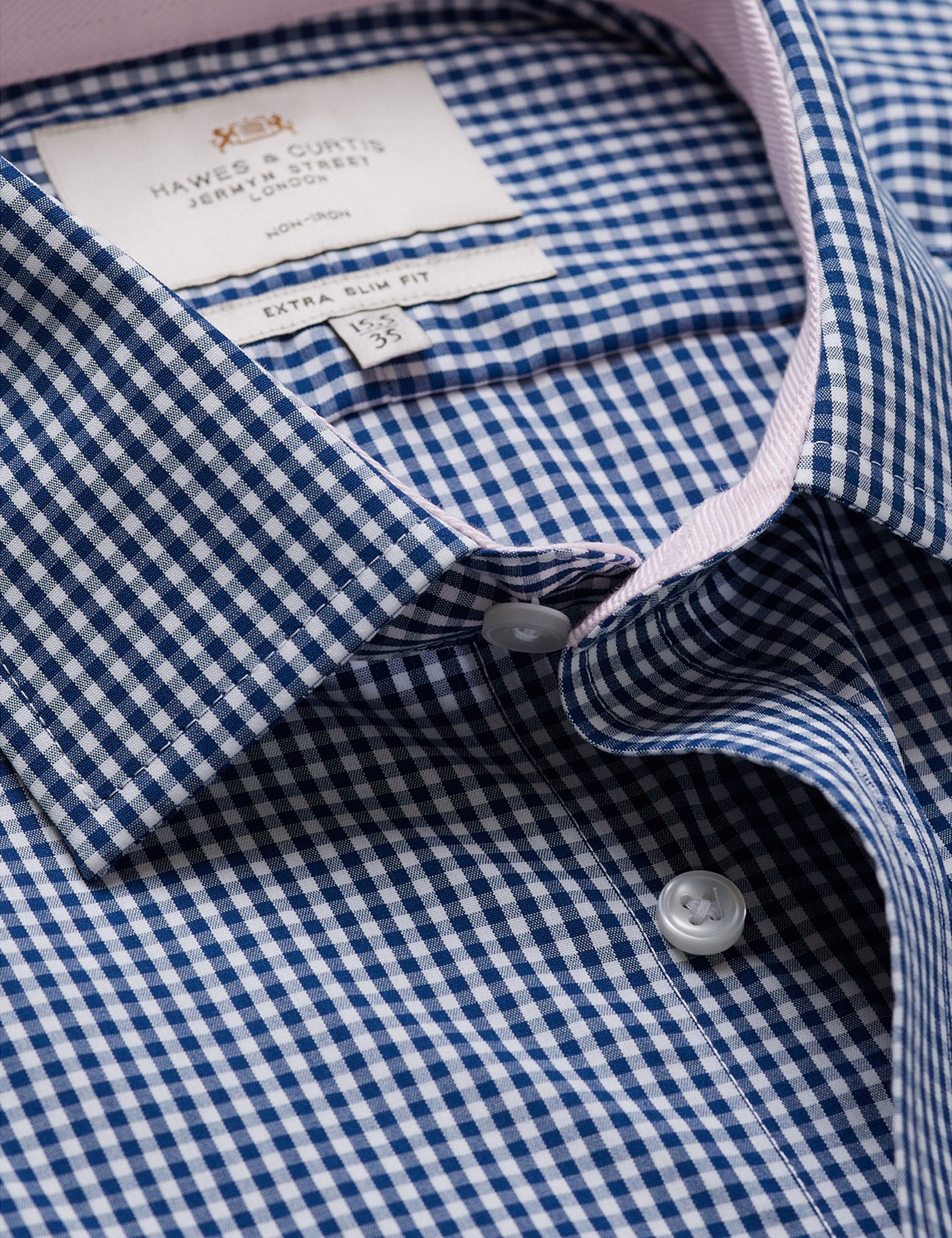 & Extra Slim Fit & Navy Gingham Check Shirt Contrast Detail 15.5" collar 34" sleeve