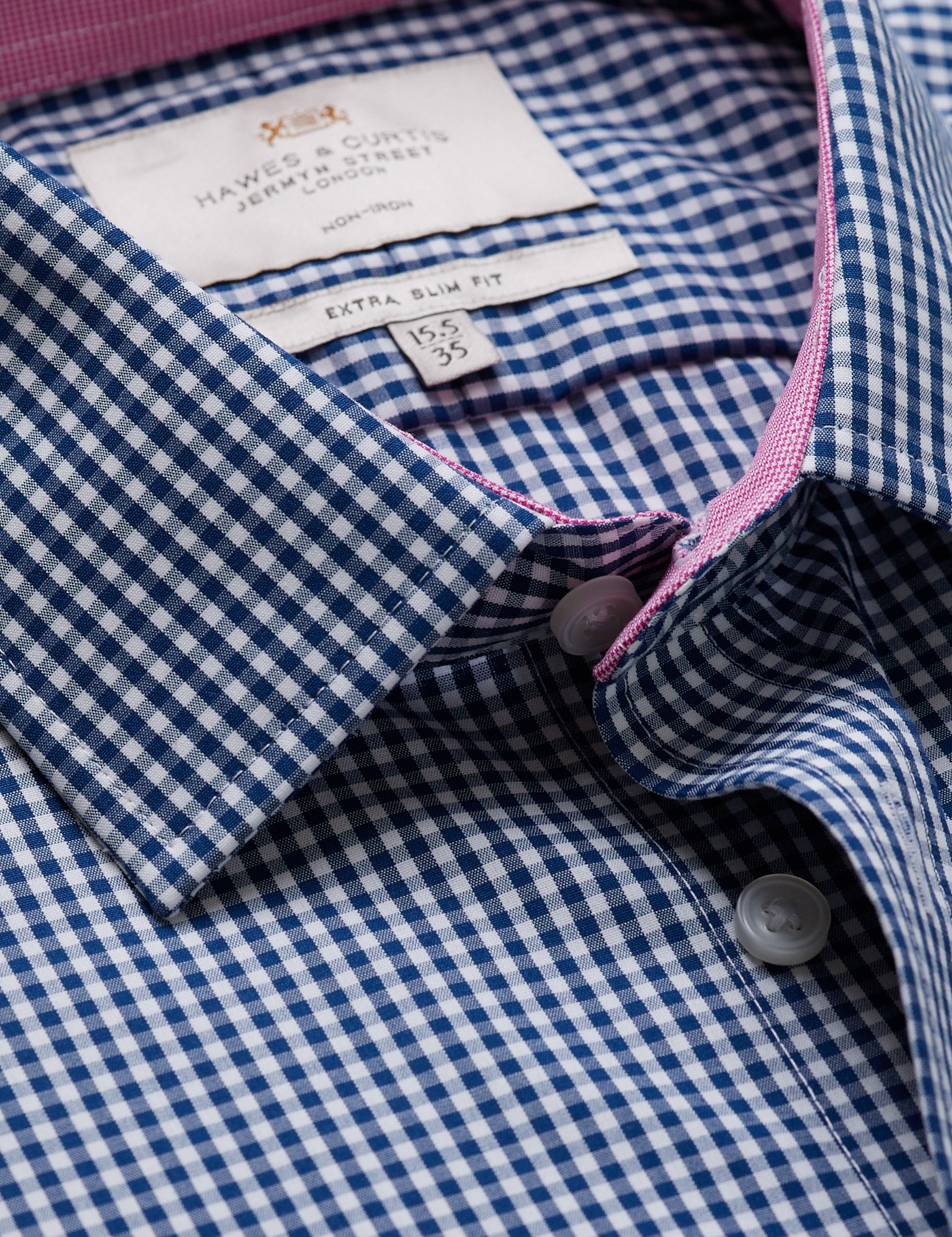& Extra Slim Fit Navy & Gingham Check Non Iron Shirt Contrast Detail 16" collar 34" sleeve