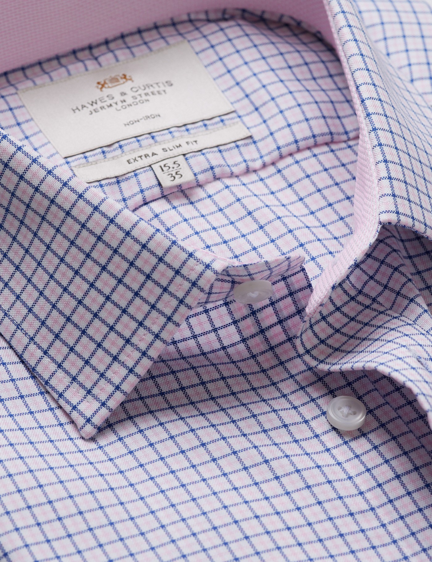 Hawes & Curtis Extra Slim Fit Pink & Navy Check Non-Iron Shirt | Contrast Detail Size: 15" collar, 35" sleeve