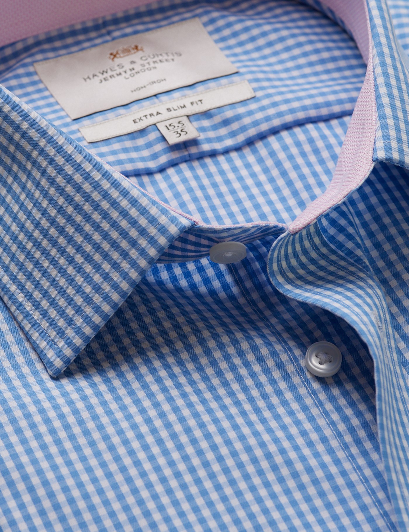 Hawes & Curtis Extra Slim Fit Blue & White Gingham Check Non-Iron Shirt | Contrast Detail Size: 15" collar, 35" sleeve