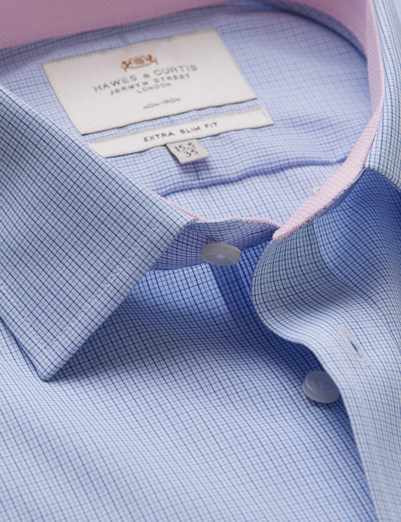 & Extra Slim Fit & Blue Small Check Non Iron Shirt Contrast Detail 15.5" collar 34" sleeve