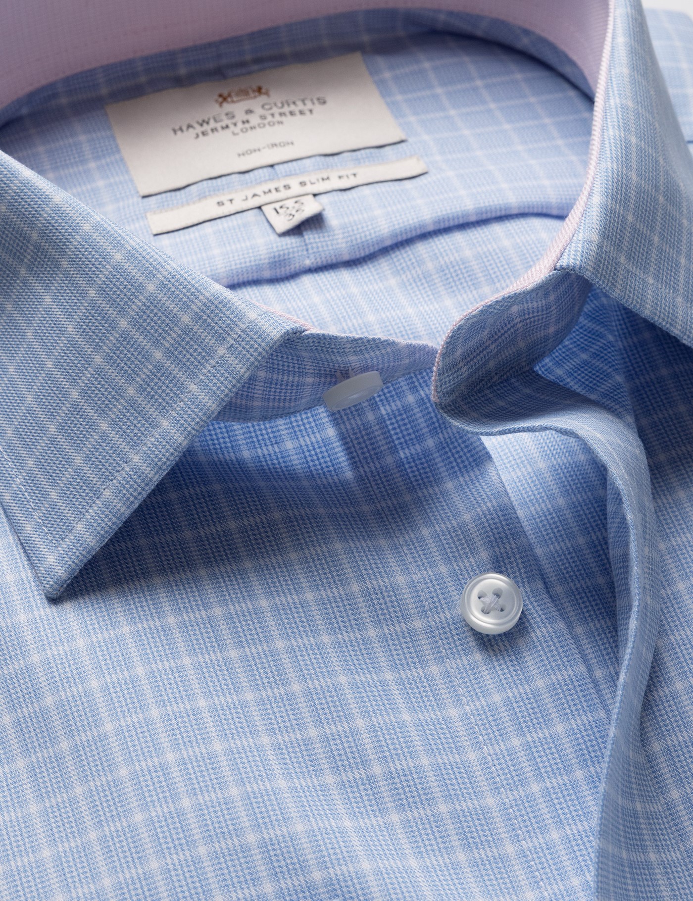 Hawes & Curtis Extra Slim Fit Blue & White Check Non-Iron Shirt | Contrast Detail Size: 16.5" collar, 36" sleeve