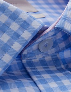 Men's Dress Blue & White Large Gingham Extra Slim Fit Shirt with Contrast Detail - Single Cuff - Non Iron