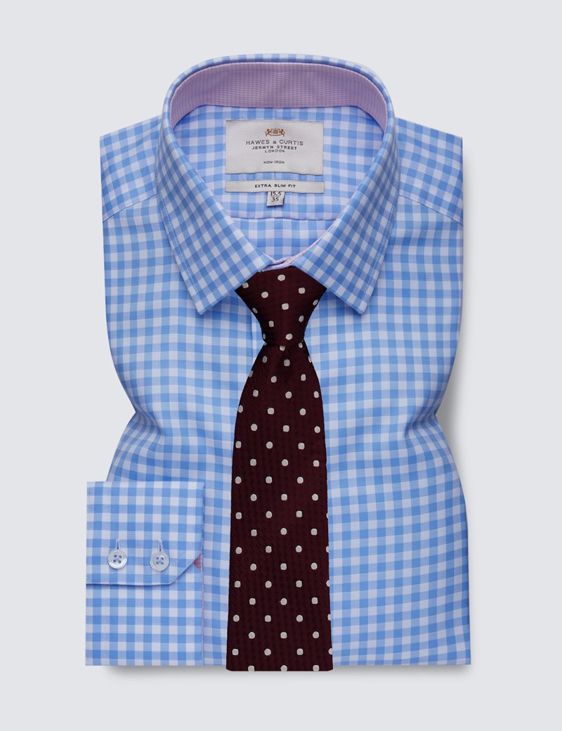 Men's Formal Blue & White Large Gingham Extra Slim Fit Shirt with Contrast Detail - Single Cuff - Non Iron