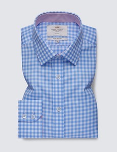 Men's Dress Blue & White Large Gingham Extra Slim Fit Shirt with Contrast Detail - Single Cuff - Non Iron
