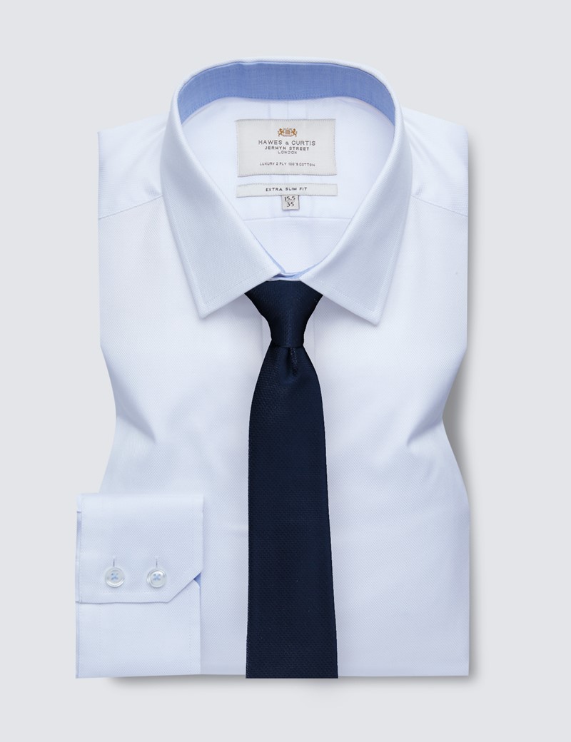 Easy Iron White Pique Extra Slim Fit Shirt with Contrast Detail
