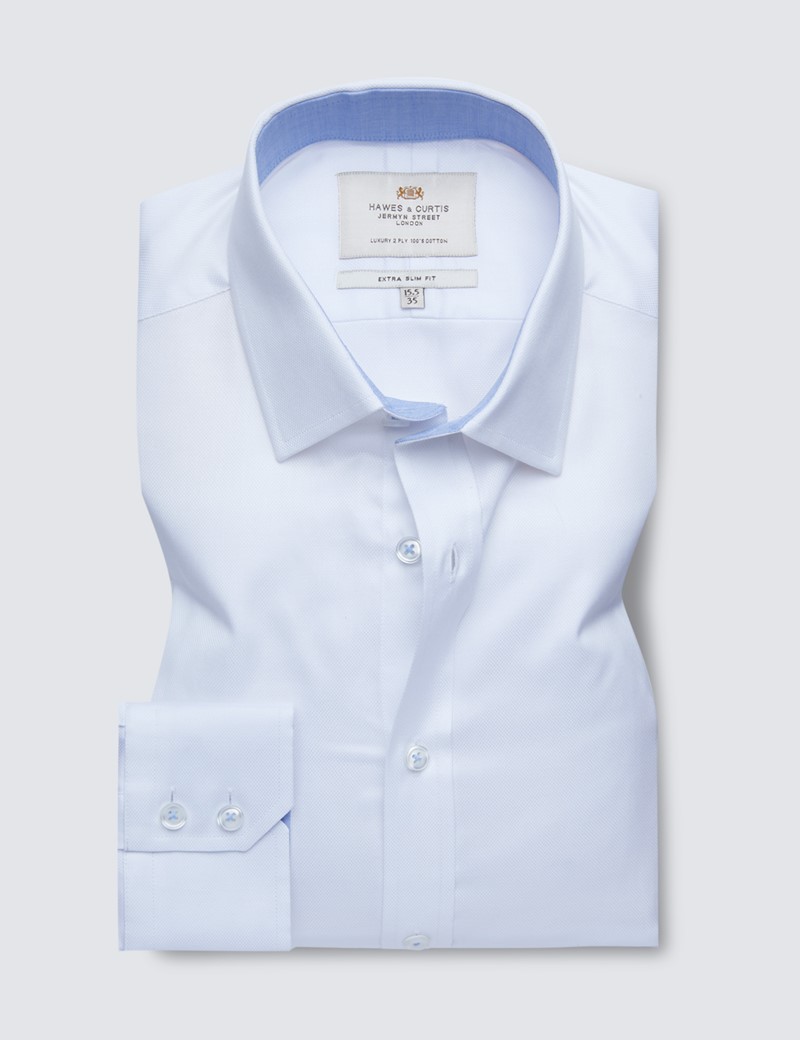 Easy Iron White Pique Extra Slim Fit Shirt with Contrast Detail