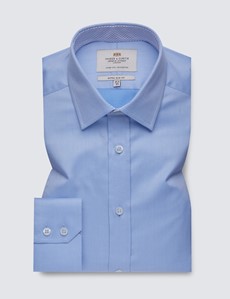 Men's Formal Blue Pique Extra Slim Fit Shirt with Contrast Detail - Single Cuff - Easy Iron