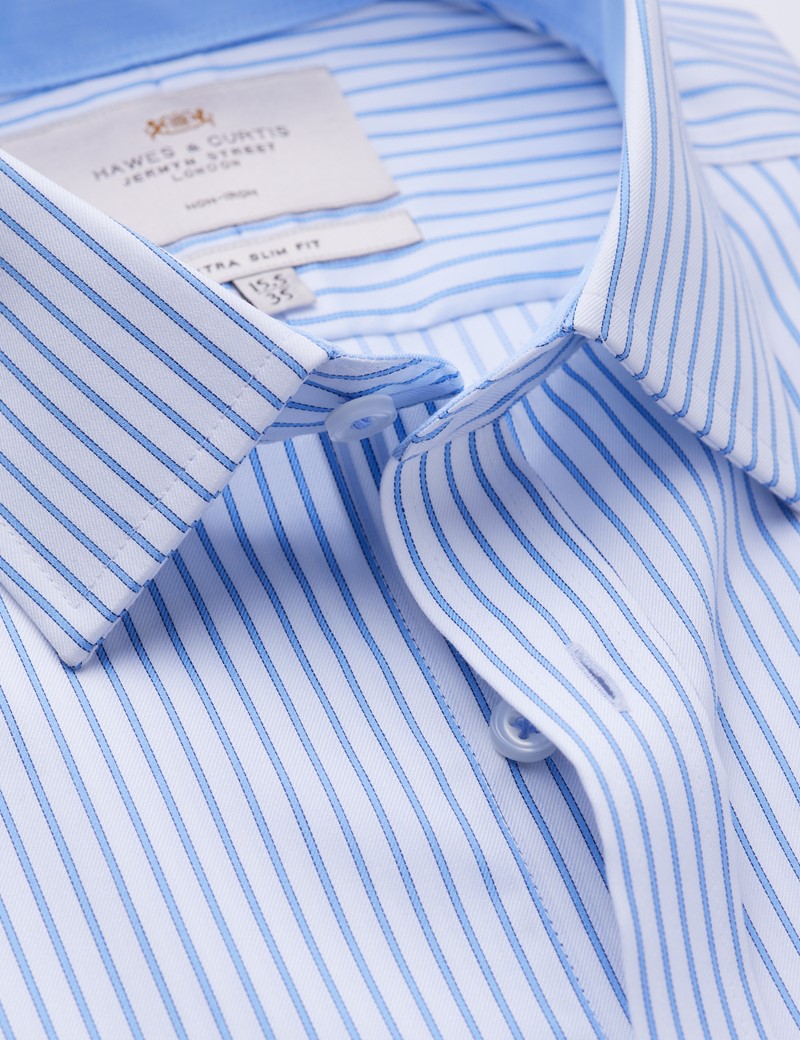 Non Iron Blue & White Stripe Extra Slim Fit Shirt - Single Cuffs