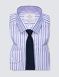 Men's Formal Navy & Purple Stripe Extra Slim Fit Shirt  - Single Cuff - Non Iron