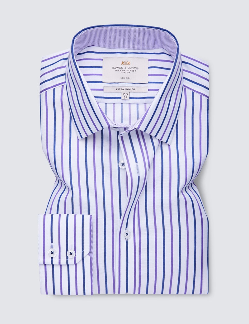 Men's Formal Navy & Purple Stripe Extra Slim Fit Shirt  - Single Cuff - Non Iron