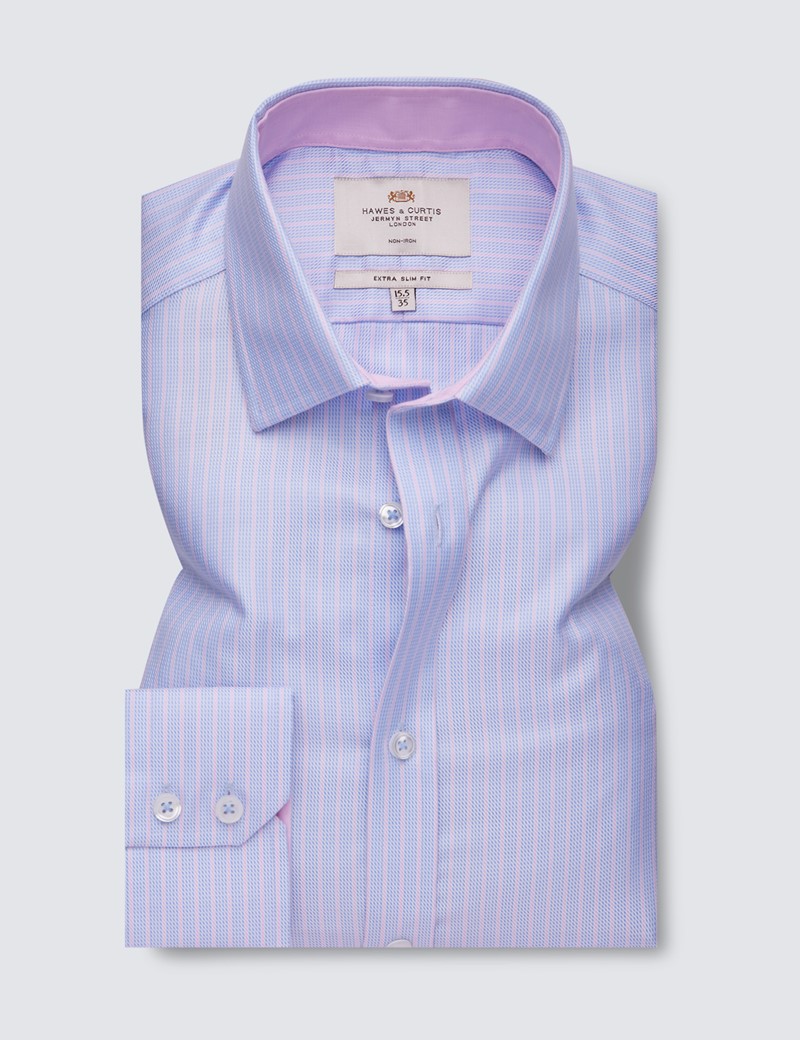 Non Iron Blue & Pink Multi Stripe Extra Slim Fit Shirt With Contrast Detail - Single Cuffs