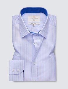 Non Iron Blue & Lilac Stripe Extra Slim Fit Shirt With Semi Cutaway Collar - Single Cuffs
