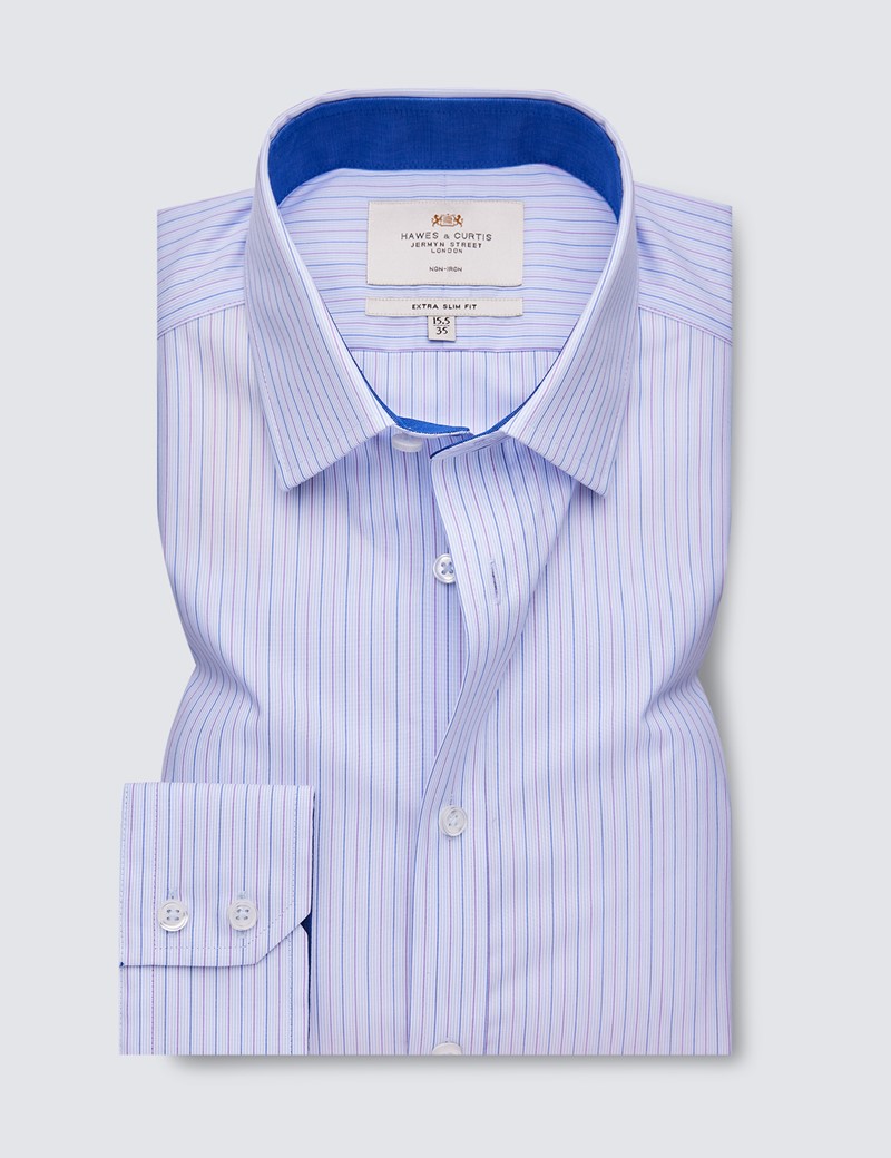 Non Iron Blue & Lilac Stripe Extra Slim Fit Shirt With Semi Cutaway Collar - Single Cuffs