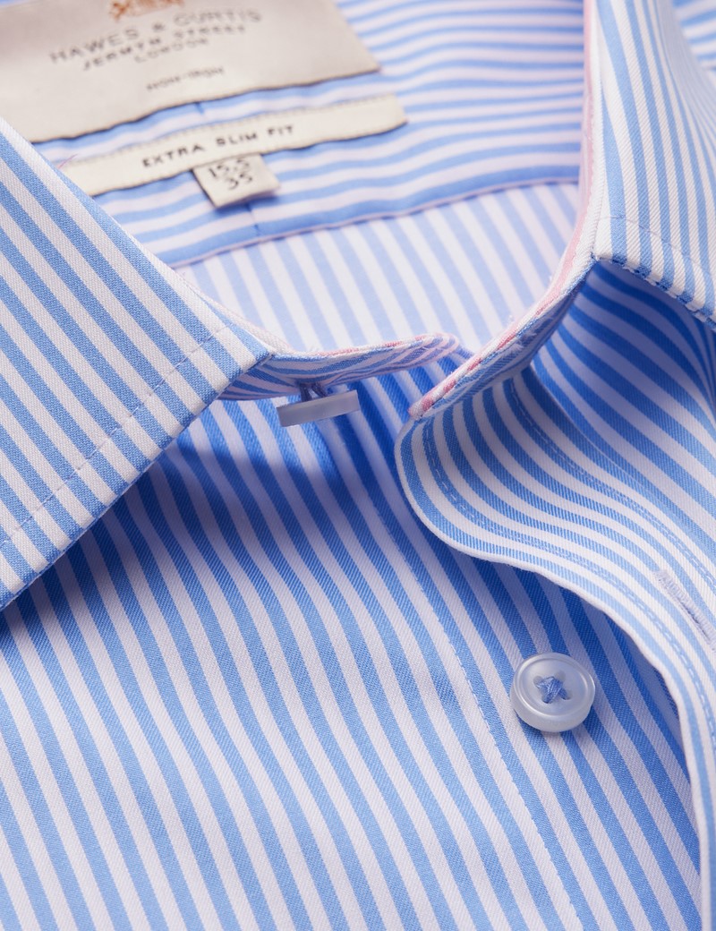 Non Iron Blue & White Stripe Extra Slim Fit Weekend Shirt - Single Cuffs