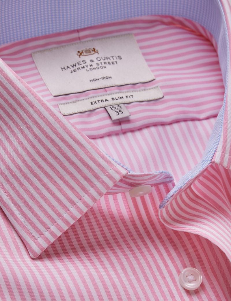 Men's Non-Iron Pink & White Bengal Stripe Extra Slim Shirt - Contrast ...