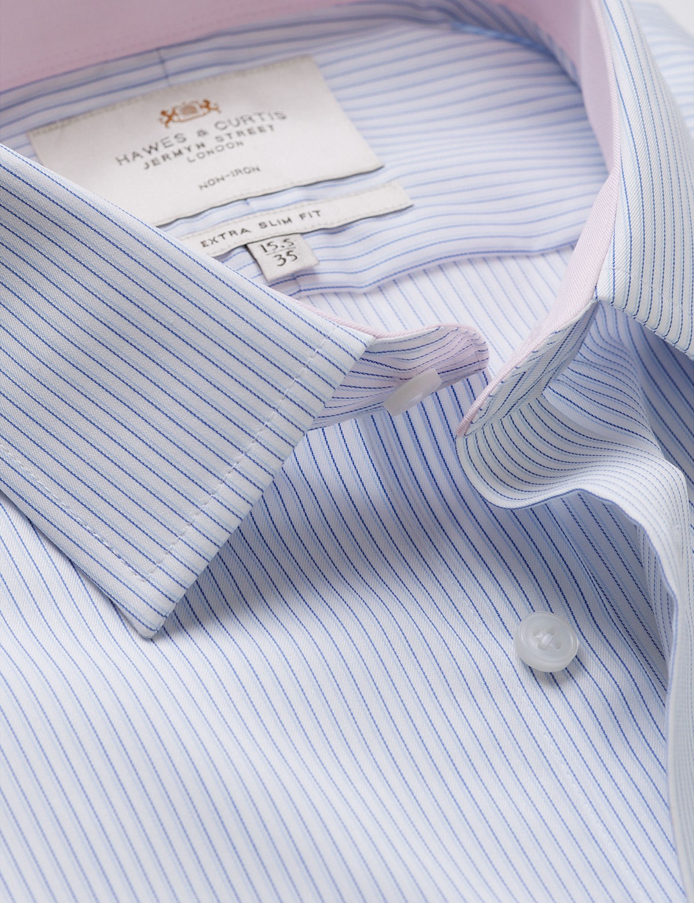 & Extra Slim Fit Blue & Stripe Non Iron Shirt Contrast Detail 15" collar 35" sleeve