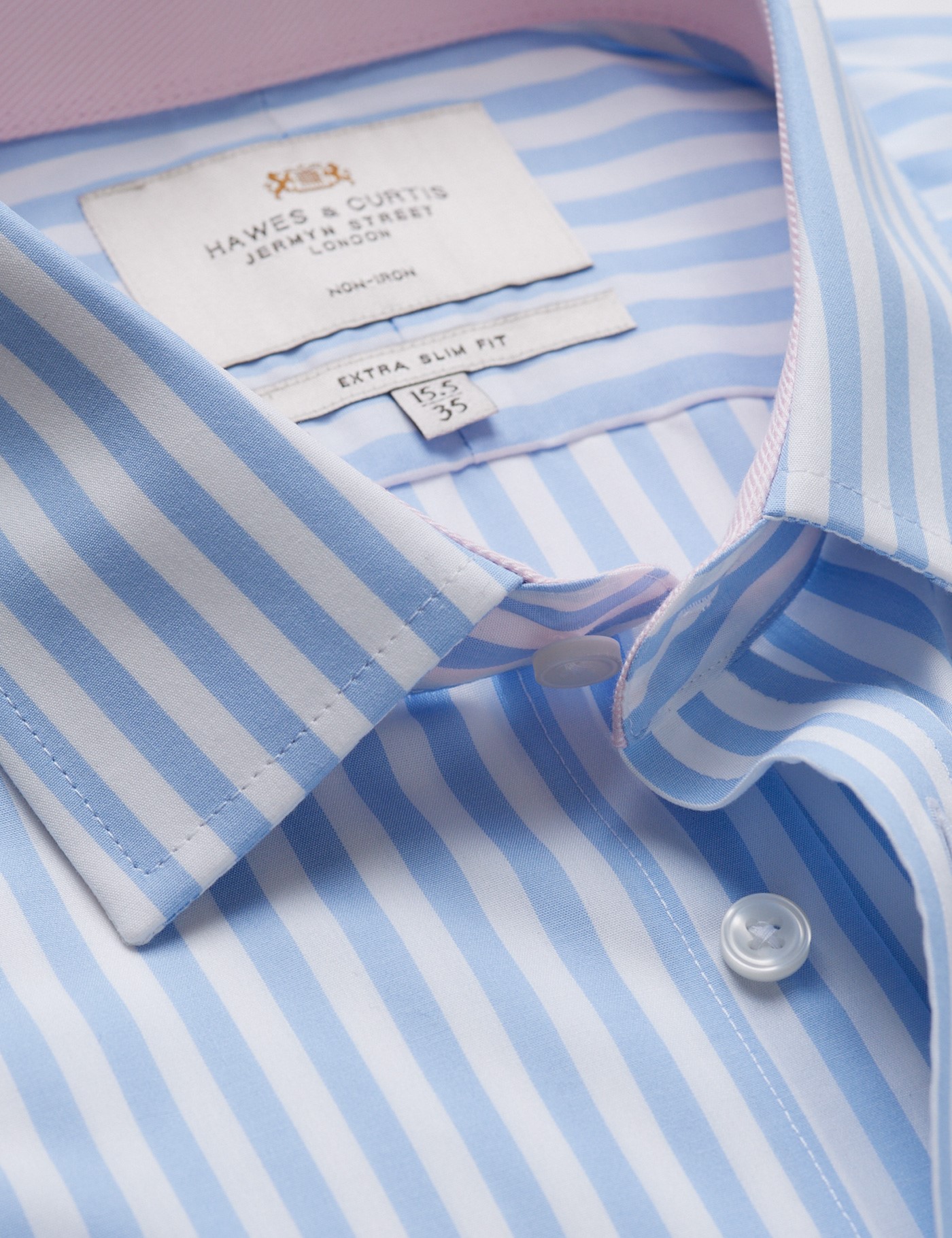 & Extra Slim Fit Blue & Bold Stripe Non Iron Shirt Contrast Detail 15.5" collar 34" sleeve