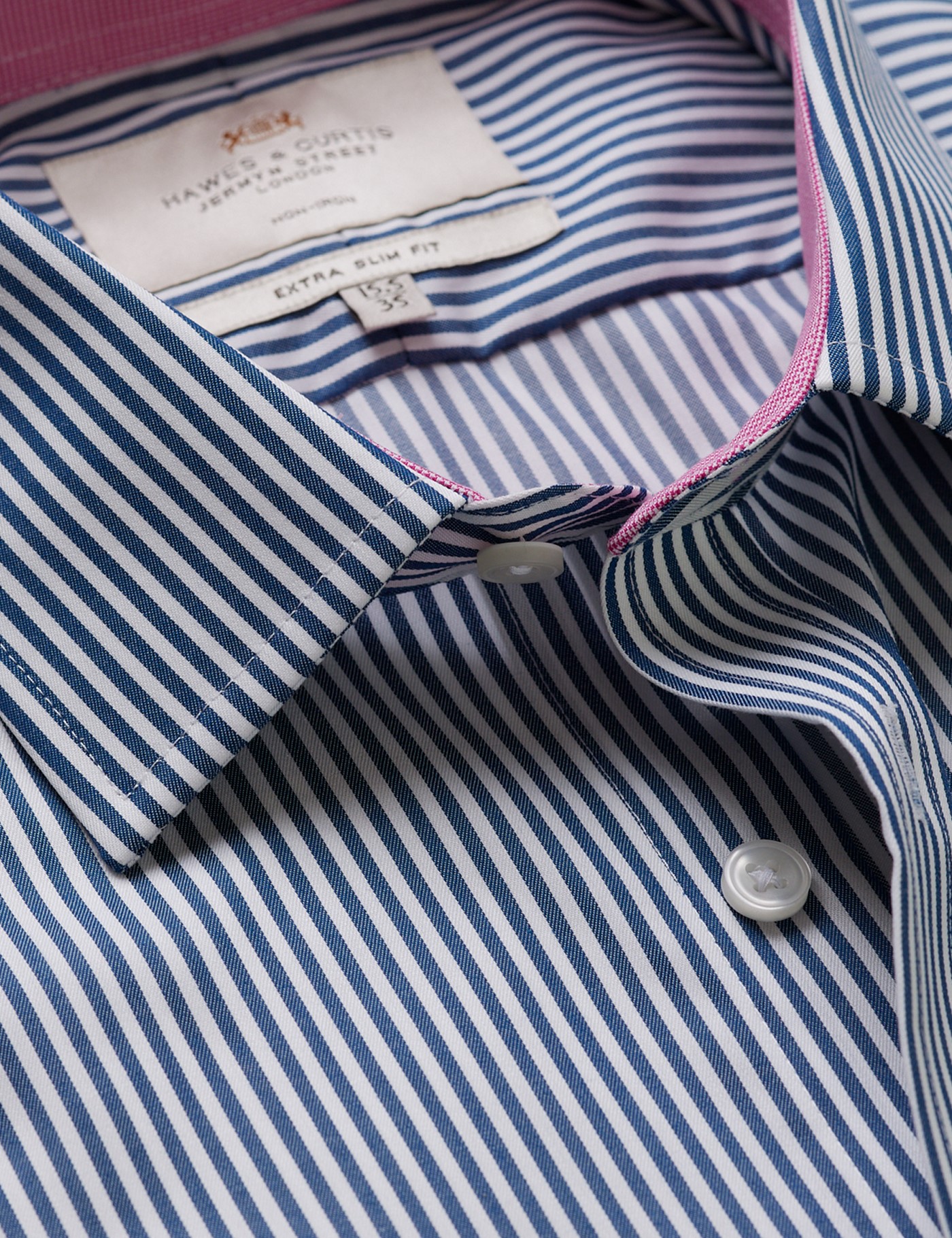 & Extra Slim Fit Navy & Bengal Stripe Twill Non Iron Shirt Contrast Detail 17" collar 37" sleeve