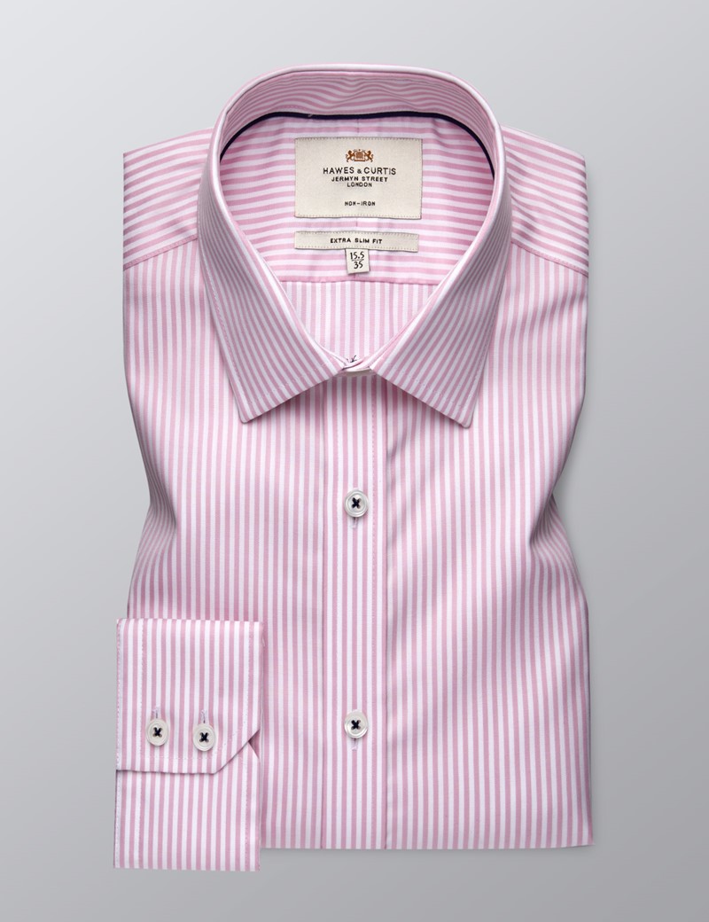 Mens Formal Pink And White Bengal Stripe Extra Slim Fit Shirt Single