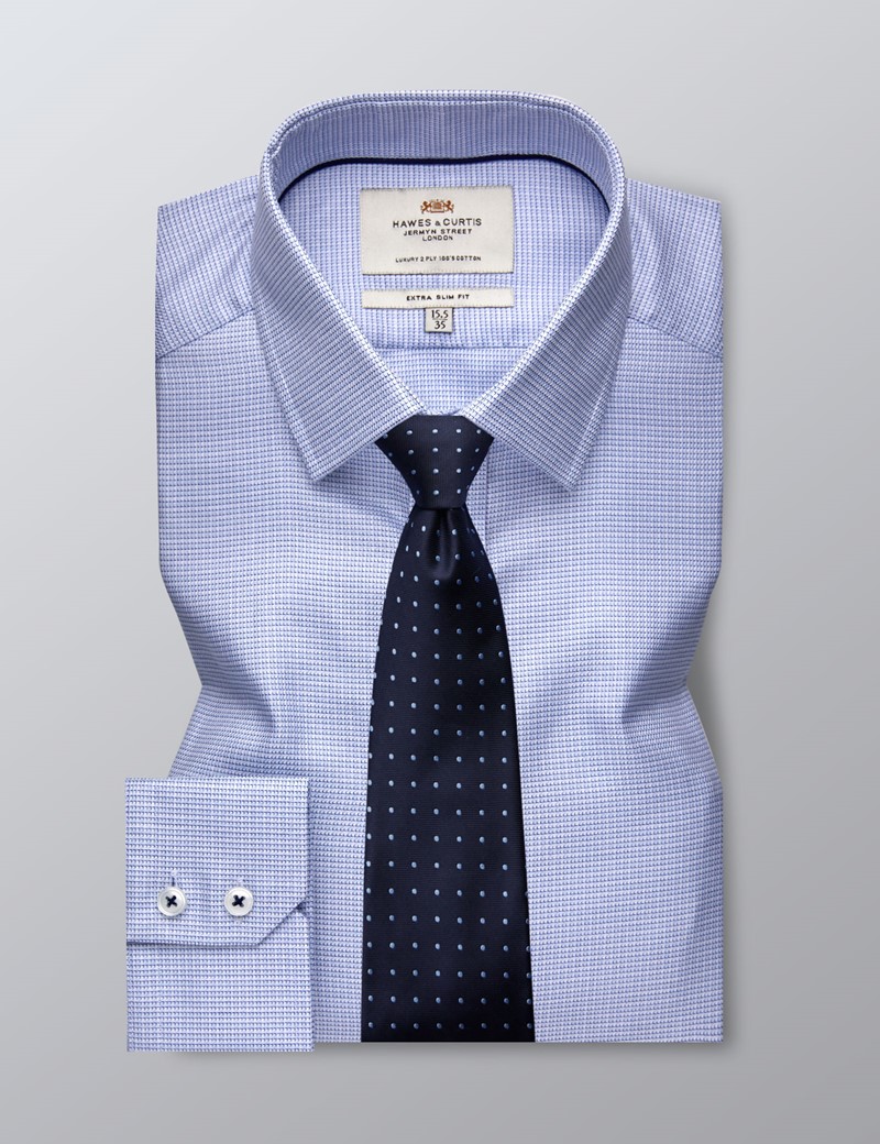 Men's Business Blue & White Dobby Extra Slim Fit Shirt - Single Cuff - Easy Iron