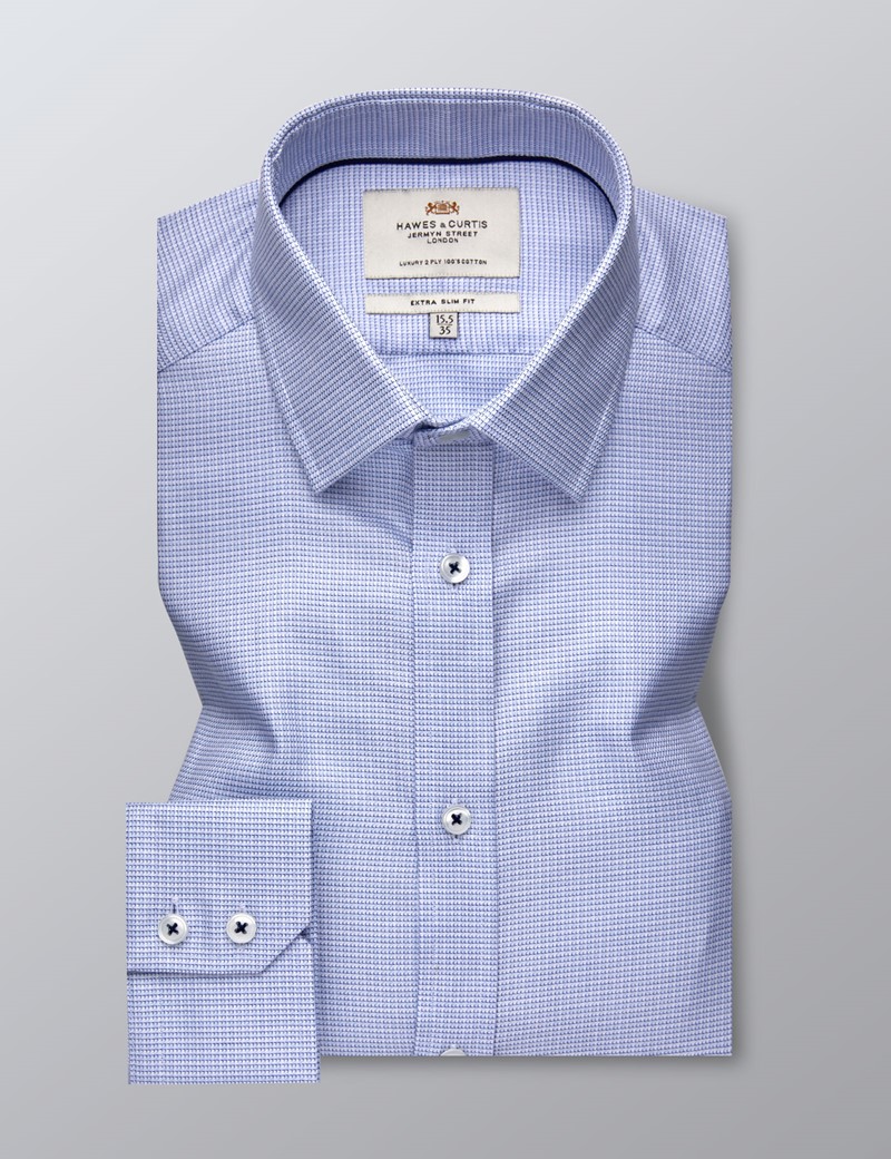 Men's Business Blue & White Dobby Extra Slim Fit Shirt - Single Cuff - Easy Iron