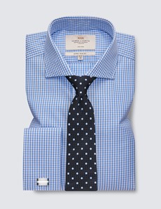 Non Iron Blue & White Check Extra Slim Fit Shirt With Windsor Collar - Double Cuffs