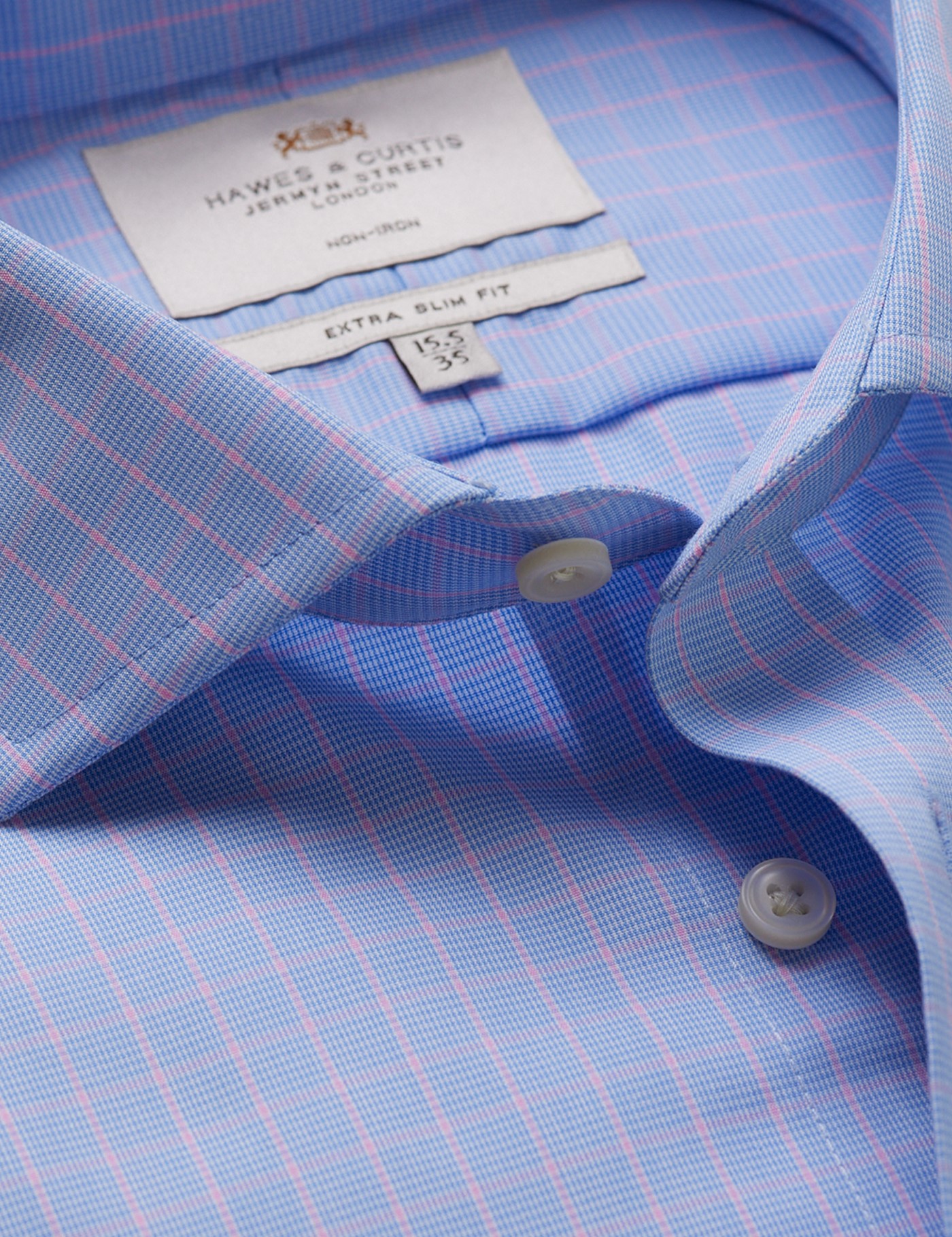 & Extra Slim Fit & Pink Grid Check Non Iron Shirt 15.5" collar 34" sleeve