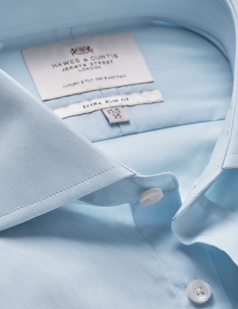 Men's Blue Poplin Extra Slim Shirt - Windsor Collar - Double Cuff