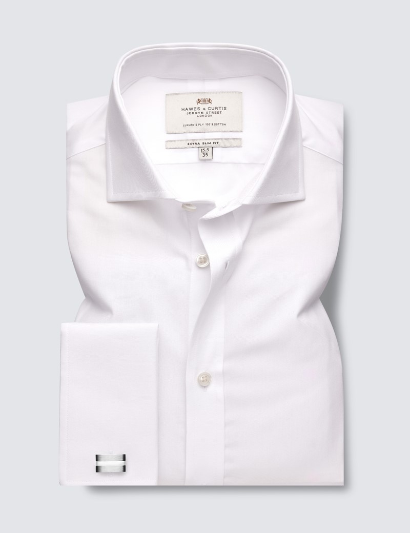 Easy Iron White Plain Extra Slim Fit Shirt With Windsor Collar - Double Cuffs