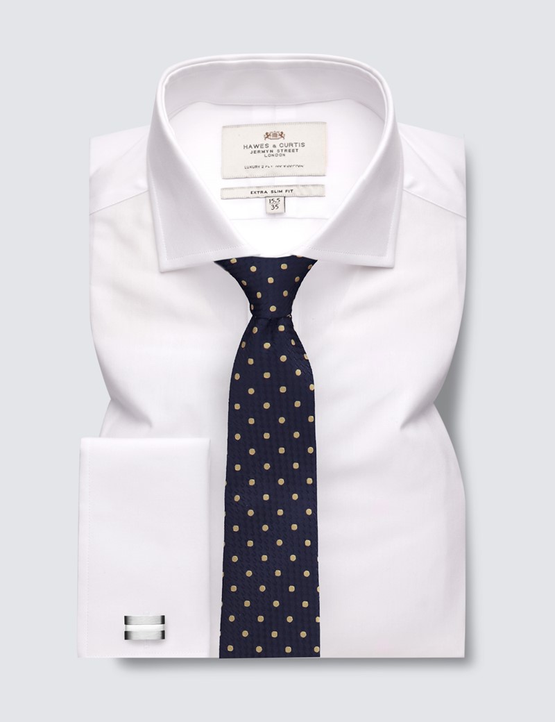 Easy Iron White Plain Extra Slim Fit Shirt With Windsor Collar - Double Cuffs