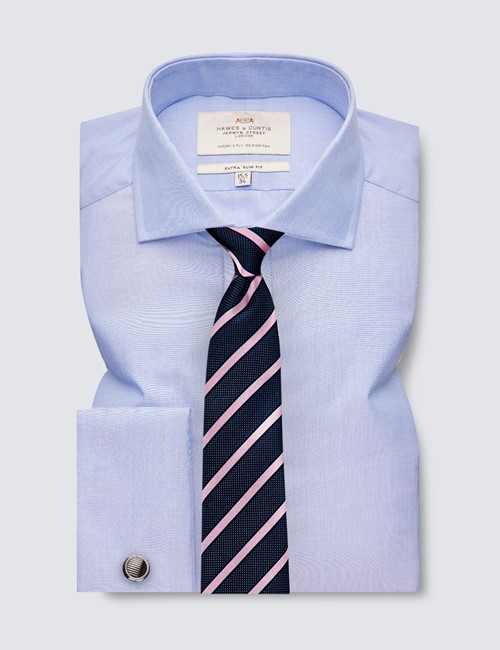 Blue End on End Extra Slim Fit Shirt with Windsor Collar - Double Cuffs