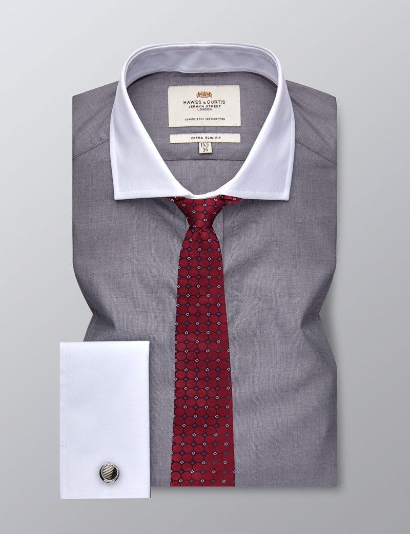 Men's Business Grey End On End Extra Slim Fit Shirt - Double Cuff - Windsor Collar - Easy Iron