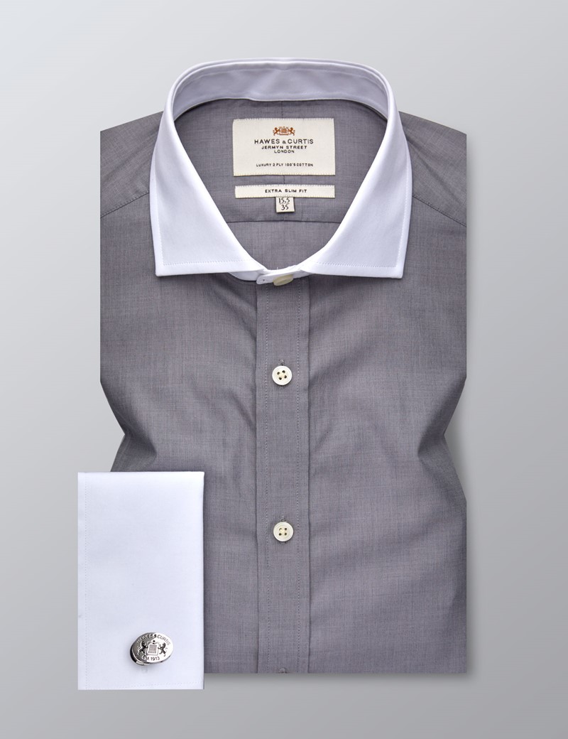 Men's Business Grey End On End Extra Slim Fit Shirt - Double Cuff - Windsor Collar - Easy Iron